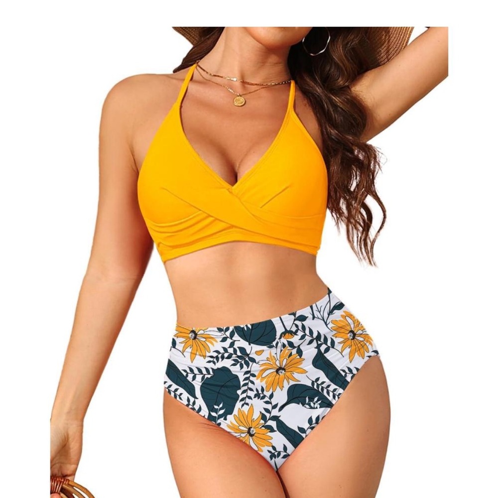 Yellow Bikini Top with Floral High-Waisted Bottoms size medium summer bikini
